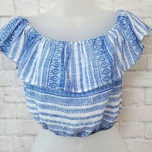 Forever 21 Blue and White Ruffle Off The Shoulder Crop Top